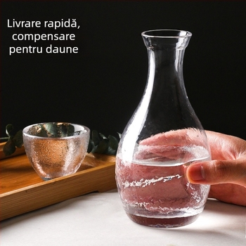 Set japonez din sticlă pentru sake — realizat manual, 1 carafă și 3 pahare, textură ciocănită, set cadou