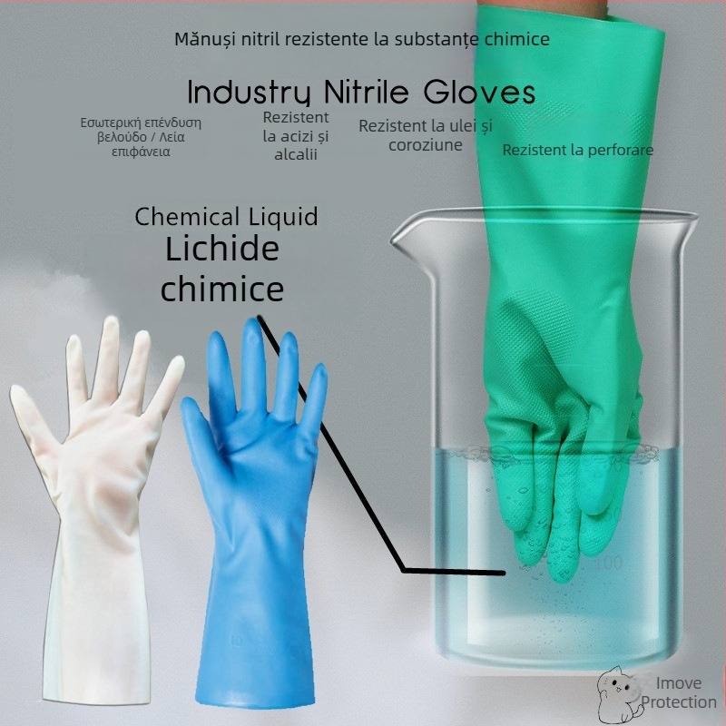 Mănuși din nitril, rezistente la ulei, la acizi și la baze, rezistente la coroziune și la substanțe chimice, rezistente la perforare, îngroșate, industriale