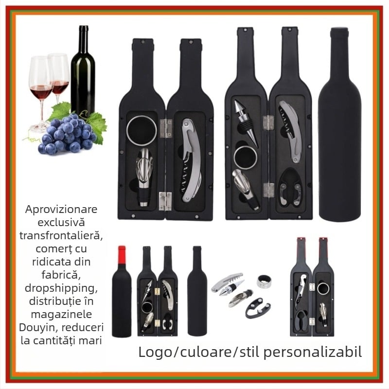 Set deschidere sticle de vin, 3–5 piese, include deschizător de sticle, turnător de vin, dop de vin, tăietor de folie și inel de vin