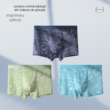 Chiloți bărbătește de vară, din ice silk, respirabili și subțiri, talie mediană, imprimeu romb și peisaj