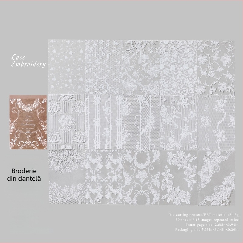 Sugar Poetry PET Autocolante Dantelate – Carte pentru jurnal, Muzeul Dantelilor, stil retro, decorațiuni DIY pentru colaje