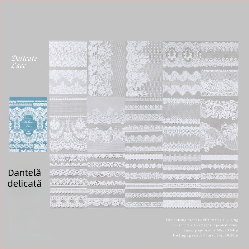 Sugar Poetry PET Autocolante Dantelate – Carte pentru jurnal, Muzeul Dantelilor, stil retro, decorațiuni DIY pentru colaje