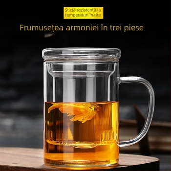 Ceașcă de ceai din sticlă pentru birou cu separare ceai-apă, set de 3 piese, bază din lemn, pentru ceai de flori