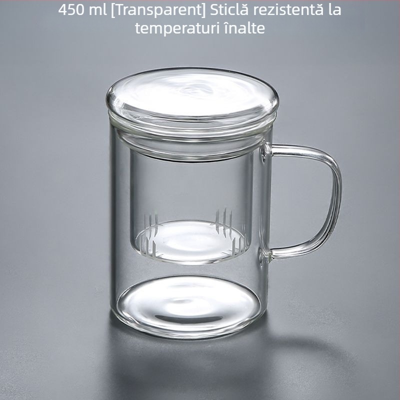 Ceașcă de ceai din sticlă pentru birou cu separare ceai-apă, set de 3 piese, bază din lemn, pentru ceai de flori