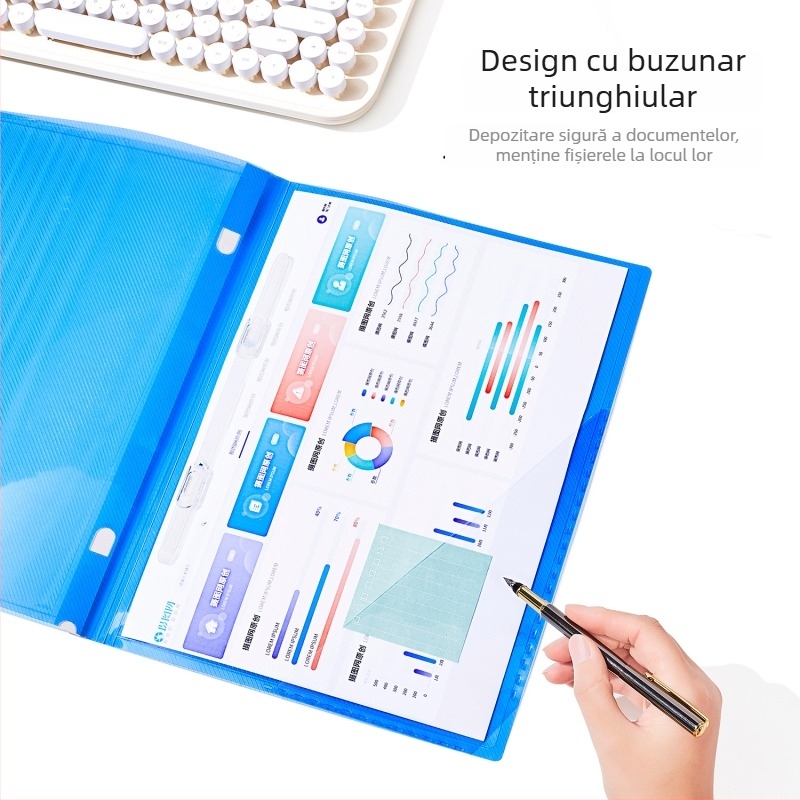 Dosar A4 cu legare la 2 găuri, buzunare triunghiulare pentru depozitare, capacitate mare