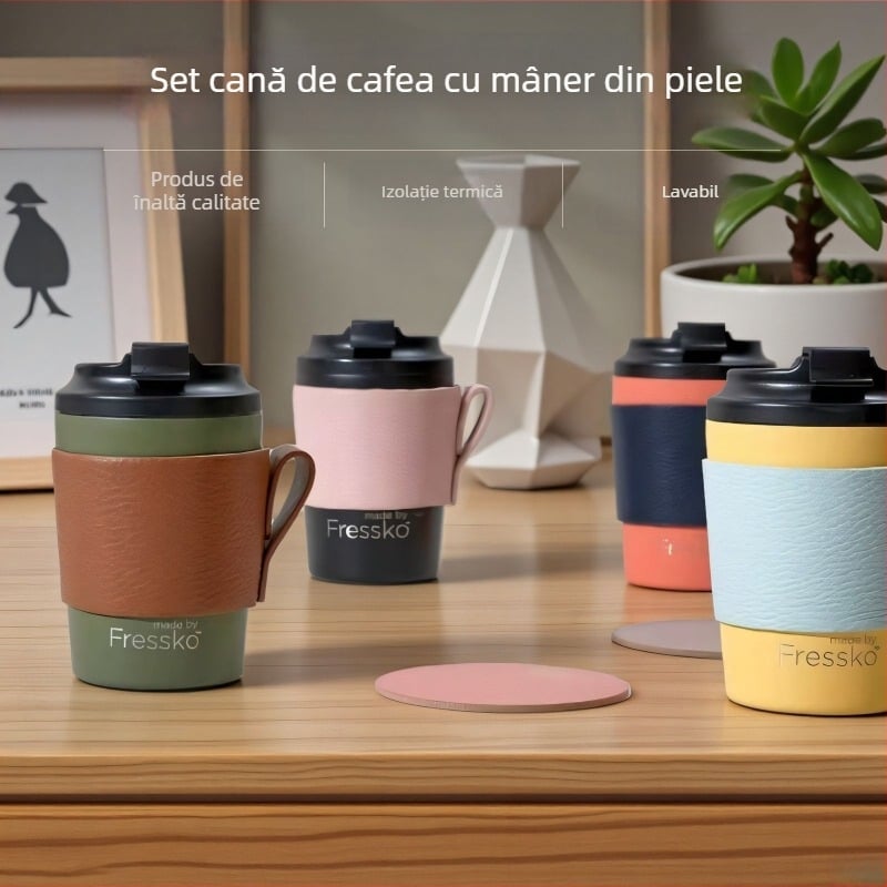 Husă izolatoare pentru cană de ceai și cafea, piele PU cu textură lychee, mâner portabil, protecție împotriva arsurilor