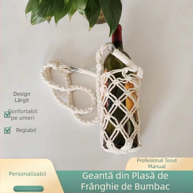 Husă pentru sticla de vin, împletită manual din sfoară de bumbac, geantă plasă, protecție pentru pahar, sac cadou