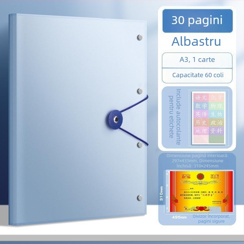 Mapă A3 din plastic pentru certificate, fotografii și documente, 30 de pagini