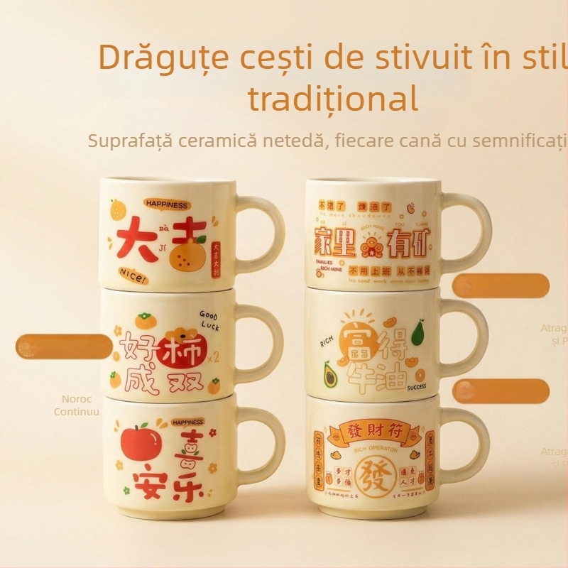 Ceașcă ceramică cu mâner, stil chinezesc, pentru birou și mic dejun, cadou pentru cupluri