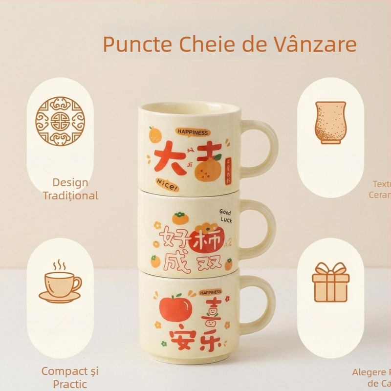 Ceașcă ceramică cu mâner, stil chinezesc, pentru birou și mic dejun, cadou pentru cupluri