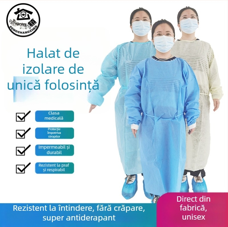 Halat de izolare din SMS nețesut, de unică folosință, reversibil, protecție împotriva prafului, gros, pentru uz de laborator.