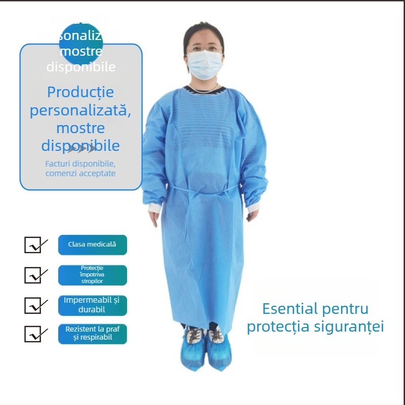 Halat de izolare din SMS nețesut, de unică folosință, reversibil, protecție împotriva prafului, gros, pentru uz de laborator.