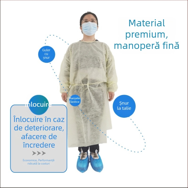 Halat de izolare din SMS nețesut, de unică folosință, reversibil, protecție împotriva prafului, gros, pentru uz de laborator.