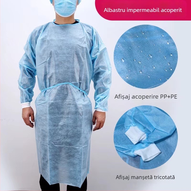 Halat de izolare din SMS nețesut, de unică folosință, reversibil, protecție împotriva prafului, gros, pentru uz de laborator.