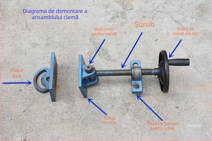 Accesorii pentru mașina de tăiat 400: ansamblu de montaj cu placă de prindere, placă de presiune, șurub filet, piuliță și roată de mână