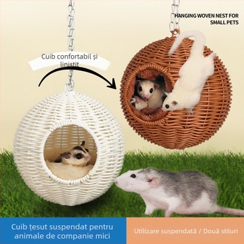 Cuib suspendat pentru animale de companie: cuib din bumbac și cuib din ratan plastic pentru hamster, sugar glider, flying squirrel și papagal