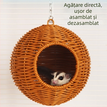 Cuib suspendat pentru animale de companie: cuib din bumbac și cuib din ratan plastic pentru hamster, sugar glider, flying squirrel și papagal