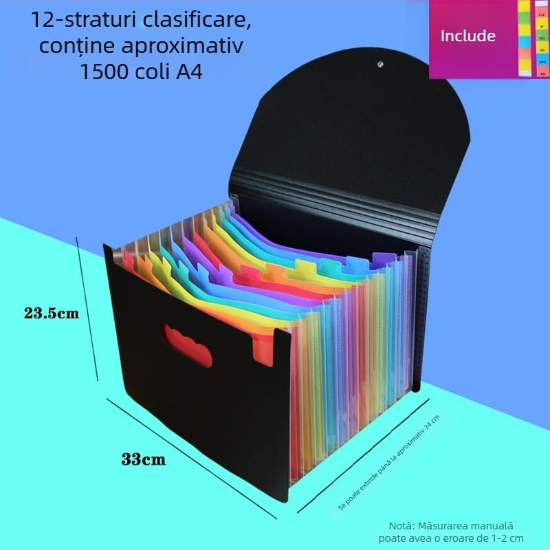 Dosar cu capac în culori curcubeu, 12 niveluri și 24 buzunare, organizator de documente din plastic