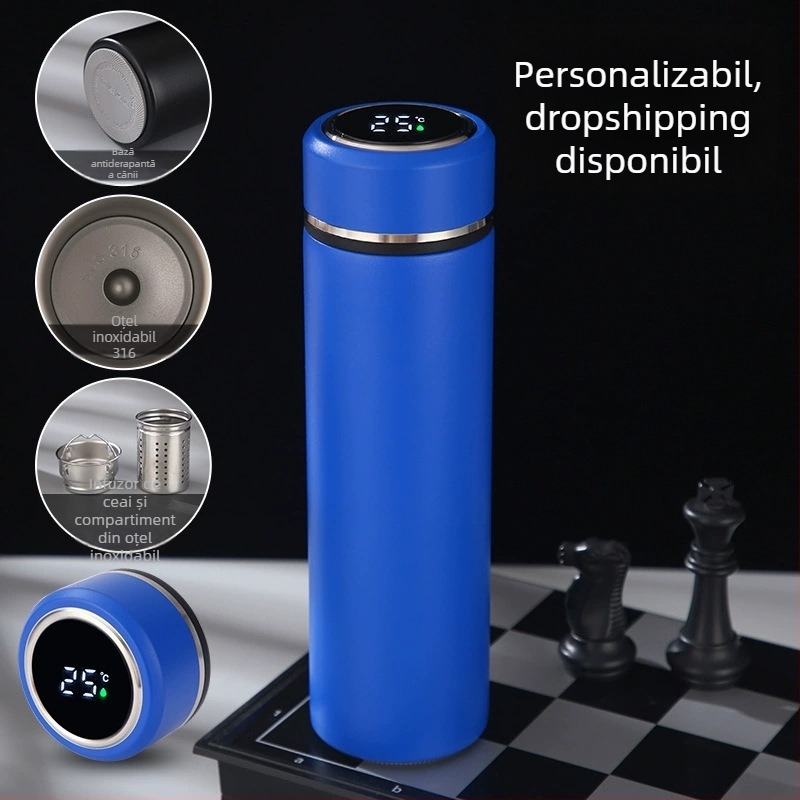 Cană termoizolantă din oțel inoxidabil 316 cu afișaj de temperatură, pereți dubli, separator pentru ceai, design minimalist – cadou de afaceri ideal