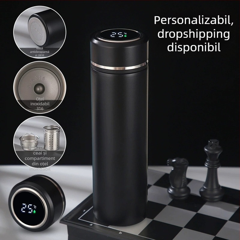 Cană termoizolantă din oțel inoxidabil 316 cu afișaj de temperatură, pereți dubli, separator pentru ceai, design minimalist – cadou de afaceri ideal
