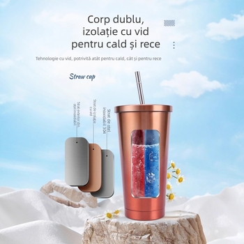 Cană termoizolantă din oțel inoxidabil 304 cu pai, portabilă pentru exterior și mașină, menține cald și rece, cadou pentru studenți