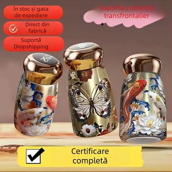 Cana termică în stil chinezesc retro, paun auriu, interior din oțel inoxidabil 316, portabilă