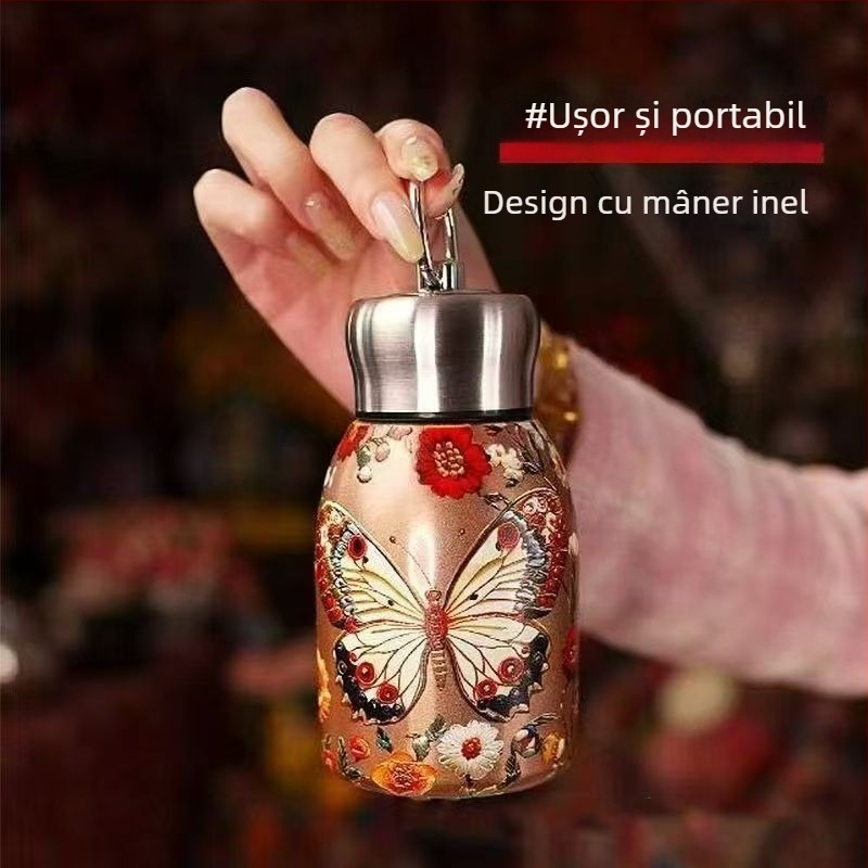 Cana termică în stil chinezesc retro, paun auriu, interior din oțel inoxidabil 316, portabilă