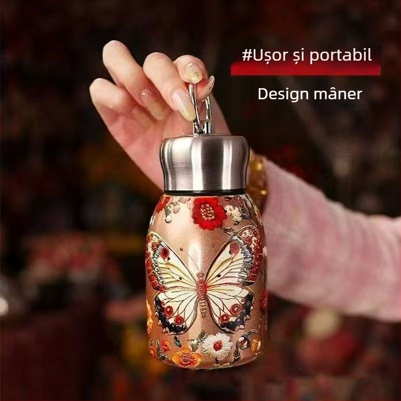 Cana termică în stil chinezesc retro, paun auriu, interior din oțel inoxidabil 316, portabilă