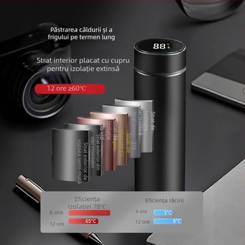 Ceșă termos cu capacitate mare pentru bărbați și femei, cească premium pentru ceai, interior din oțel inoxidabil 316L, exterior din oțel 304, infuzor de ceai și afișaj de temperatură, portabil
