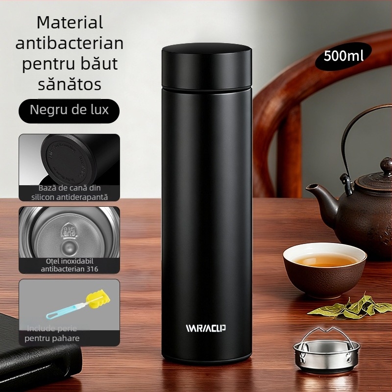 Ceșă termos cu capacitate mare pentru bărbați și femei, cească premium pentru ceai, interior din oțel inoxidabil 316L, exterior din oțel 304, infuzor de ceai și afișaj de temperatură, portabil