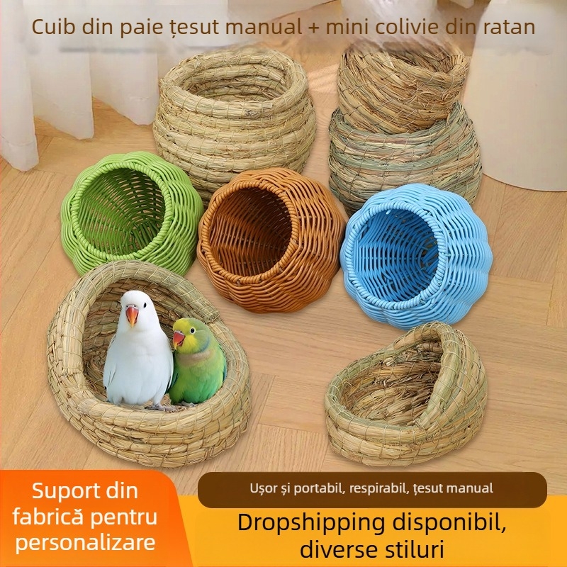 Cuib de iarbă croșetat manual - mini cușcă pentru păsări din ratan, cuib imitație de ratan pentru papagal, cuib suspendat pentru toate anotimpurile