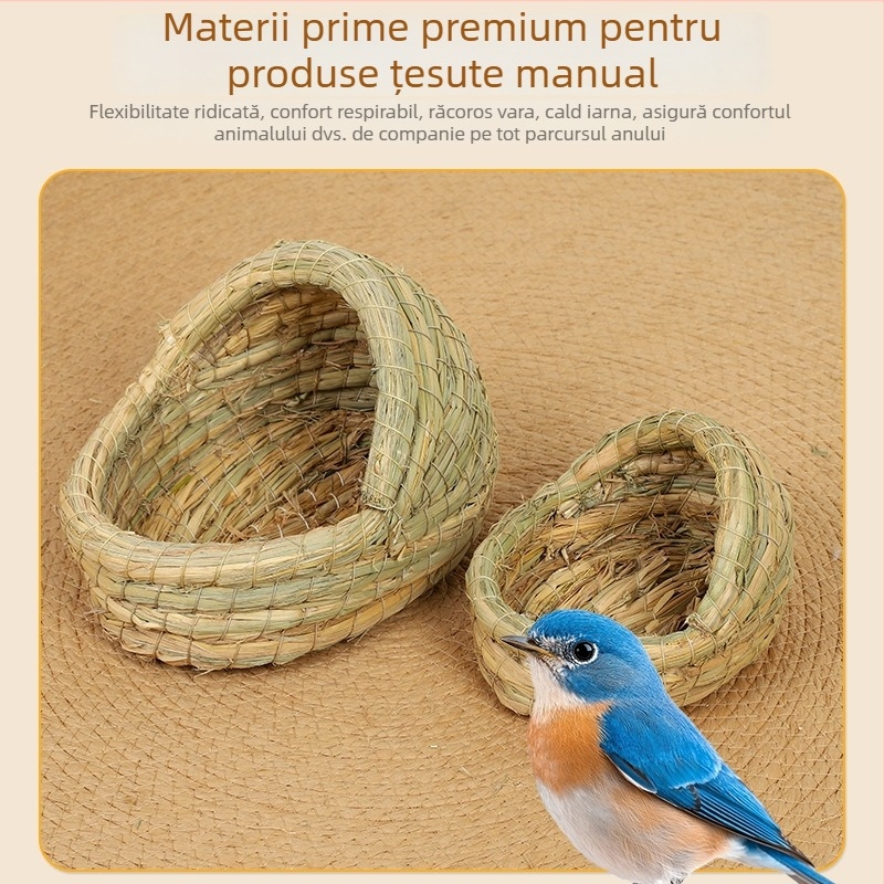 Cuib de iarbă croșetat manual - mini cușcă pentru păsări din ratan, cuib imitație de ratan pentru papagal, cuib suspendat pentru toate anotimpurile