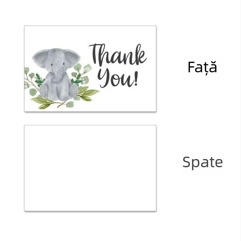 Card de mulțumire cu design elefant și frunze verzi, pentru ambalare cadouri și decor de petrece