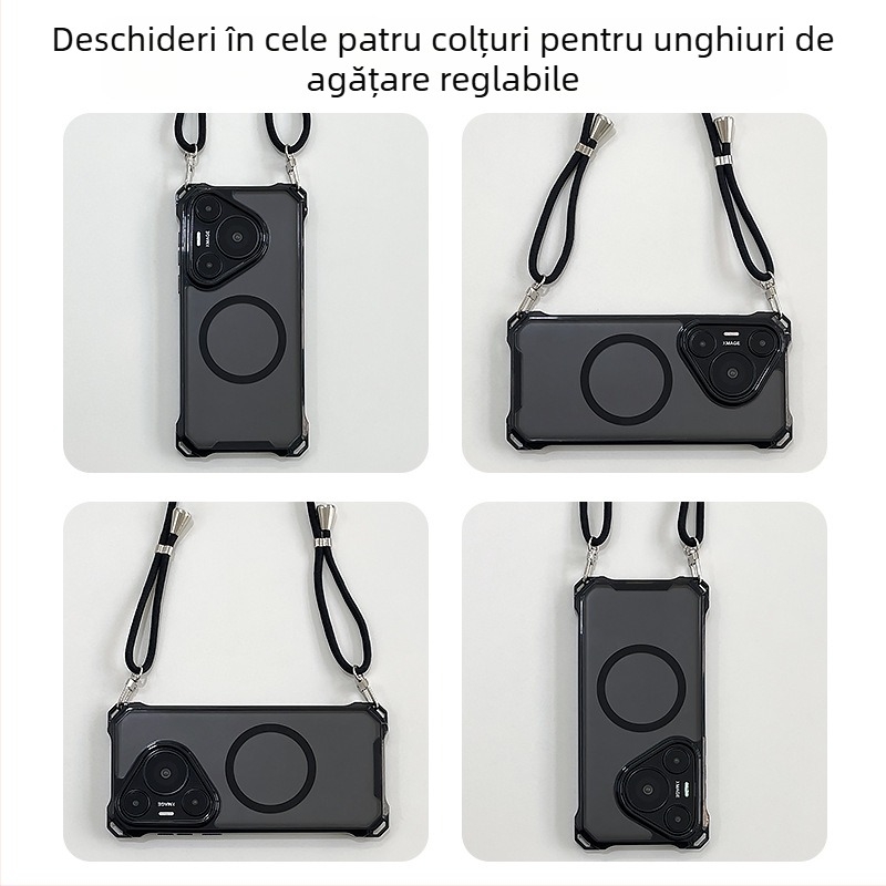 Carcasă Huawei Pura70 cu curea crossbody, magnetică, protecție completă cu airbag, anti-cădere; compatibilă cu Mate60 Pro și P70u, stil feminin.
