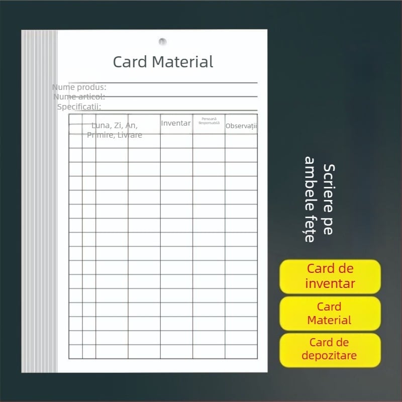 Card materiale depozitare și inventar, card primire-expediere, card de identificare a depozitului, card suspendat, cu față dublă