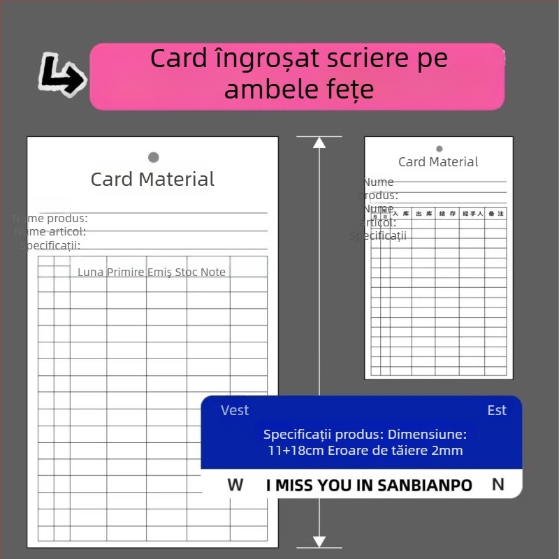 Card materiale depozitare și inventar, card primire-expediere, card de identificare a depozitului, card suspendat, cu față dublă