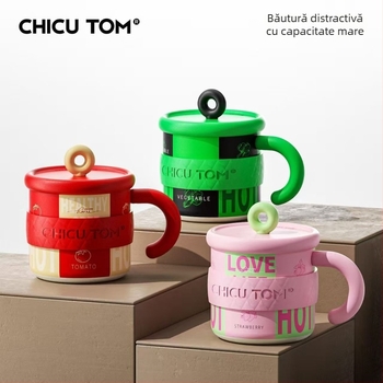 Cană termică din oțel inoxidabil cu capac, capacitate mare, ceașcă de cafea pentru birou, cu mâner, pentru femei
