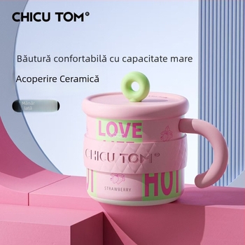 Cană termică din oțel inoxidabil cu capac, capacitate mare, ceașcă de cafea pentru birou, cu mâner, pentru femei