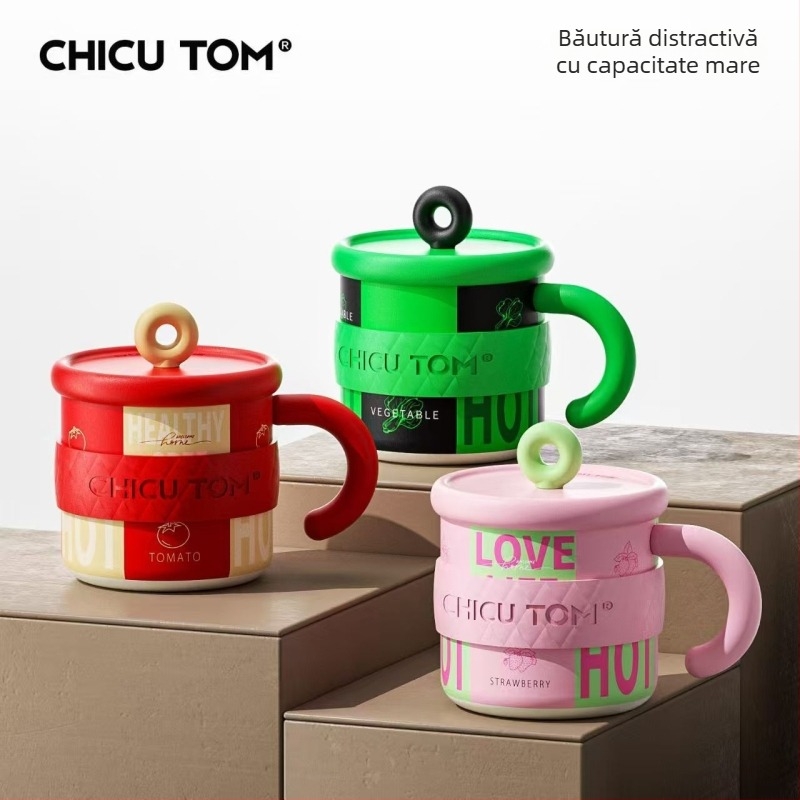 Cană termică din oțel inoxidabil cu capac, capacitate mare, ceașcă de cafea pentru birou, cu mâner, pentru femei