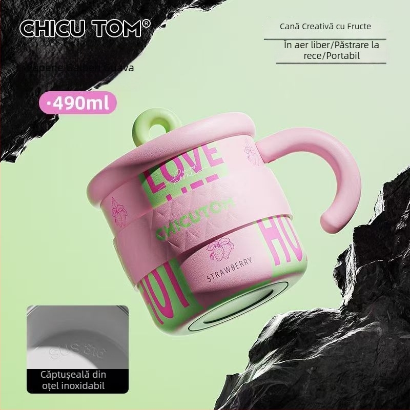 Cană termică din oțel inoxidabil cu capac, capacitate mare, ceașcă de cafea pentru birou, cu mâner, pentru femei