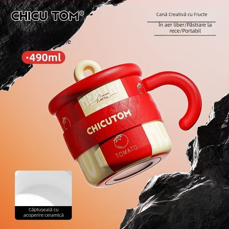 Cană termică din oțel inoxidabil cu capac, capacitate mare, ceașcă de cafea pentru birou, cu mâner, pentru femei
