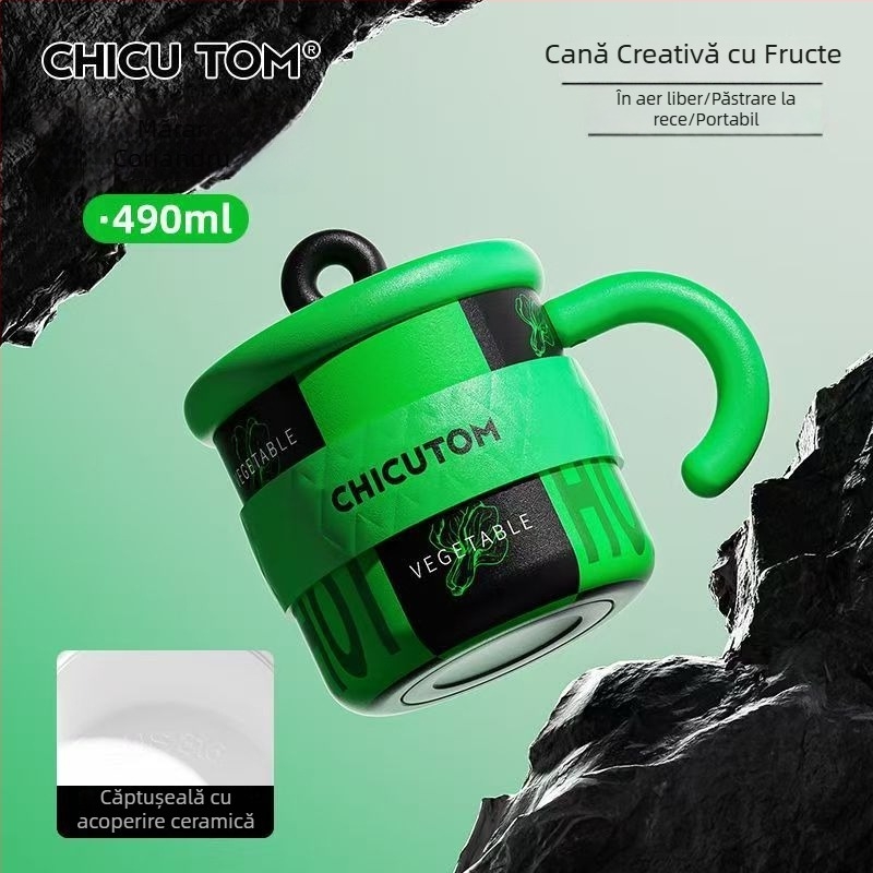 Cană termică din oțel inoxidabil cu capac, capacitate mare, ceașcă de cafea pentru birou, cu mâner, pentru femei