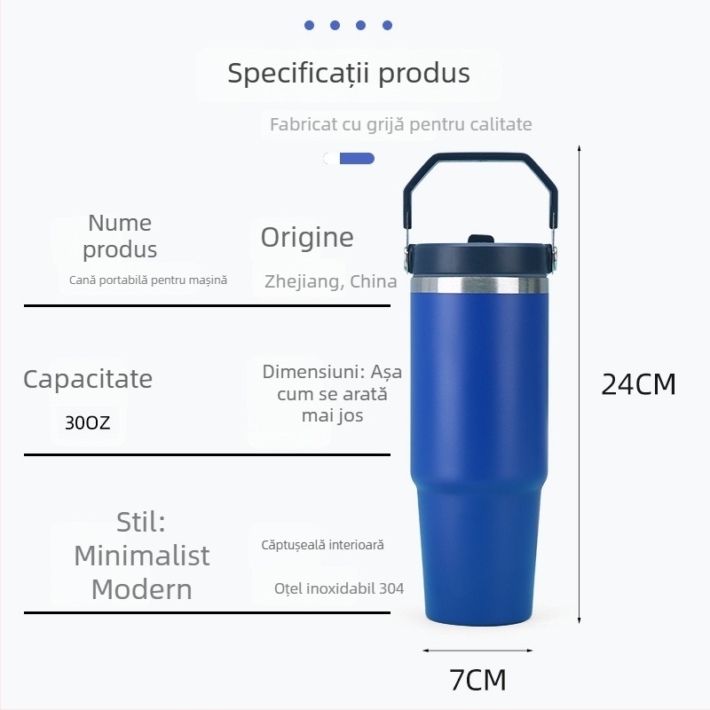 Cană termoizolată din oțel inoxidabil 304, 30oz, pentru mașină, cu pai și capac cu încuidere, portabil