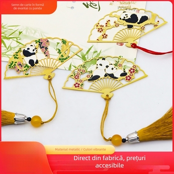 Semn de carte în stil chinezesc antic cu evantai pliant, panda drăguț, din metal cu decupaj și ciucure