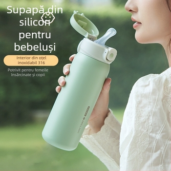 Cană termo din oțel inoxidabil cu pai; interior 316, exterior 304; menține băuturile calde sau reci 12-24 ore; potrivită pentru femei, adulți și copii