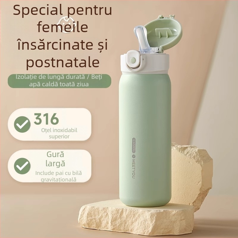 Cană termo din oțel inoxidabil cu pai; interior 316, exterior 304; menține băuturile calde sau reci 12-24 ore; potrivită pentru femei, adulți și copii