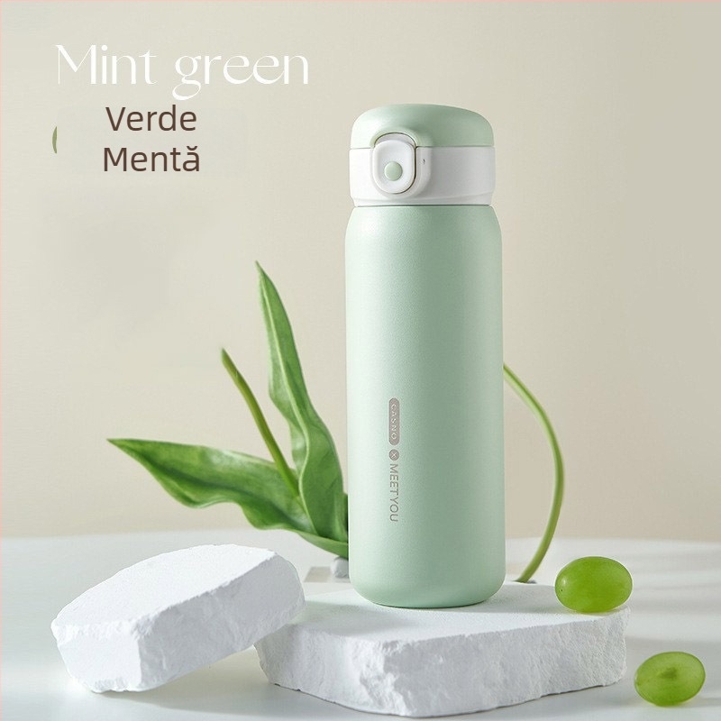 Cană termo din oțel inoxidabil cu pai; interior 316, exterior 304; menține băuturile calde sau reci 12-24 ore; potrivită pentru femei, adulți și copii
