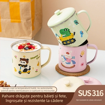 Cană pentru copii din oțel inoxidabil 316, calitate alimentară, pentru grădiniță, cu capac și scară de măsură, cu motiv dinozaur