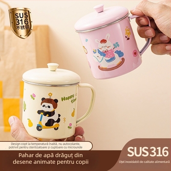 Cană pentru copii din oțel inoxidabil 316, calitate alimentară, pentru grădiniță, cu capac și scară de măsură, cu motiv dinozaur