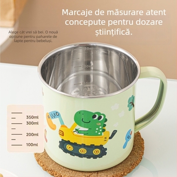 Cană pentru copii din oțel inoxidabil 316, calitate alimentară, pentru grădiniță, cu capac și scară de măsură, cu motiv dinozaur